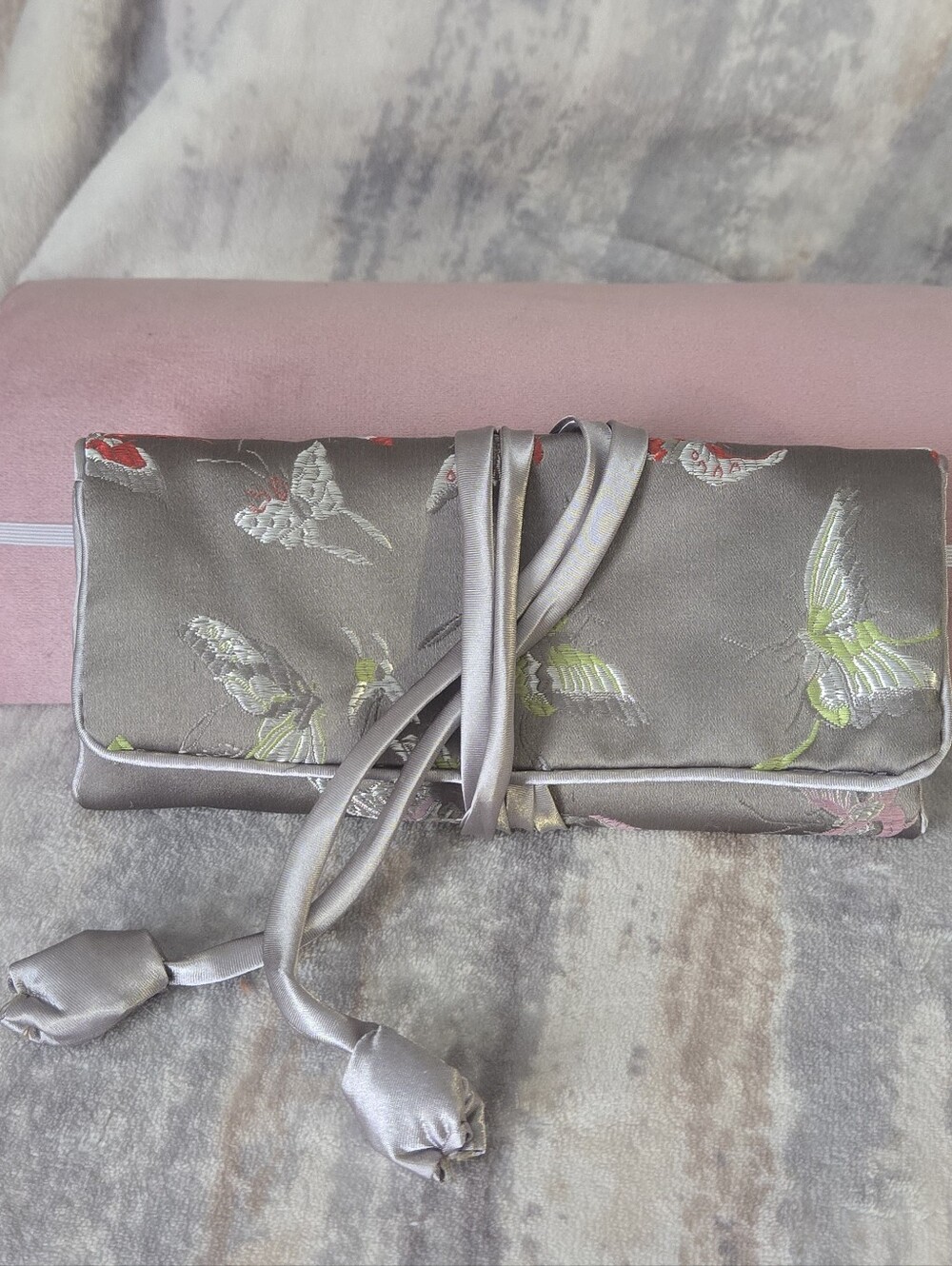 Silk Butterfly Embroidered Gray Roll-Up Jewelry Pouch